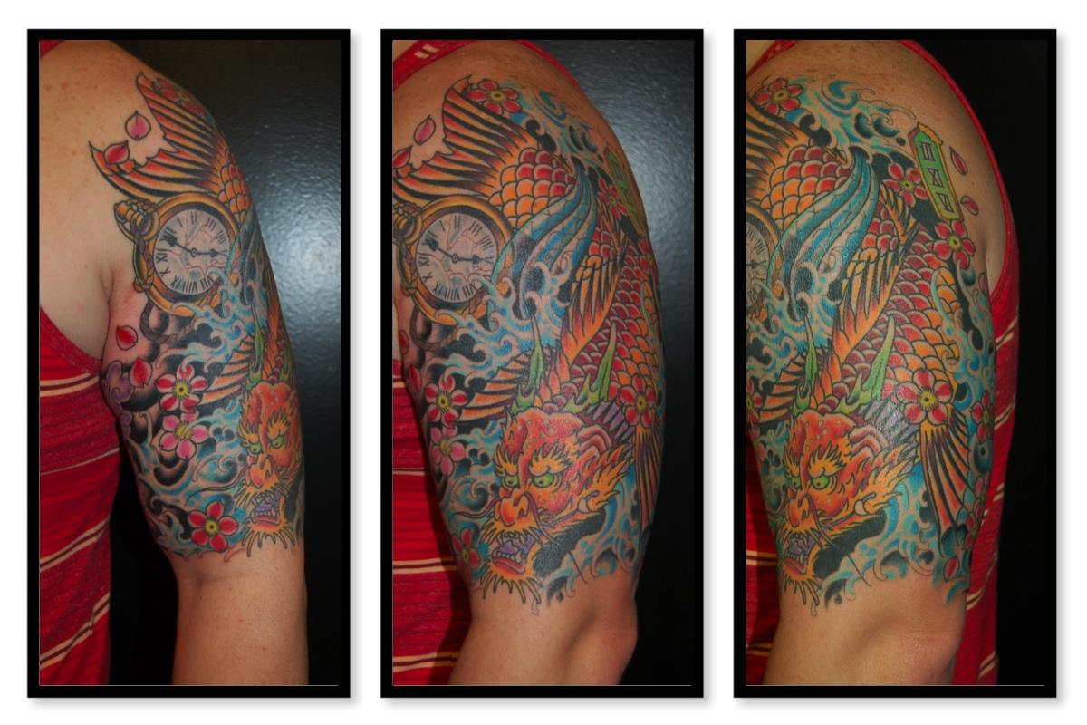 Koi dragon hybrid with clock tattoo — Little Rock, AR — Seventh Street Tattoos & Piercing