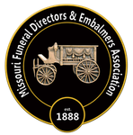 Missouri Funeral Directors & Embalmers Association circular black-and-gold emblem with a funeral carriage and est. 1888