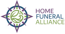 Home Funeral Alliance logo with purple, green, and blue compass-style emblem and text