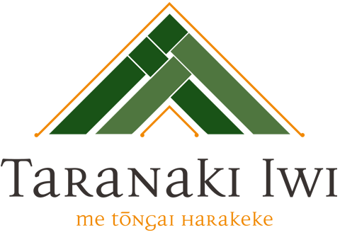 Logo for Taranaki Iwi, with a stylized green and gold weaving pattern and text below.
