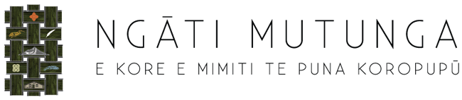 Logo for Ngāti Mutunga. Vertical dark green block of stylized images, black text.