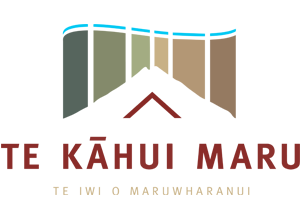 Logo of Te Kāhui Maru: mountain peak beneath a building with water on top, brown text.