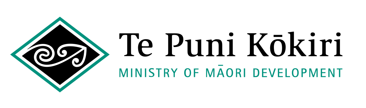 Logo for Te Puni Kōkiri, Ministry of Māori Development, with a black and teal diamond emblem.