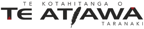 Logo of Te Atiawa Taranaki: black text with a stylized feather and a red accent on the letter 