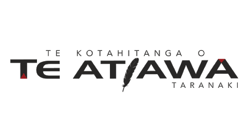 Logo for Te Kotahitanga o Te Atiawa Taranaki: Black text with a feather graphic.