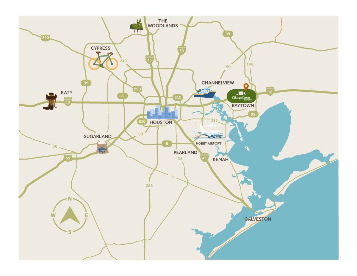 Map of The Cottage Green Baytown location near shopping dining employers and major highways in Baytown TX