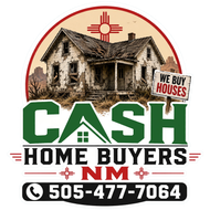 Cash Home Buyers NM logo with house, “We Buy Houses” sign, and phone number 505-477-7064