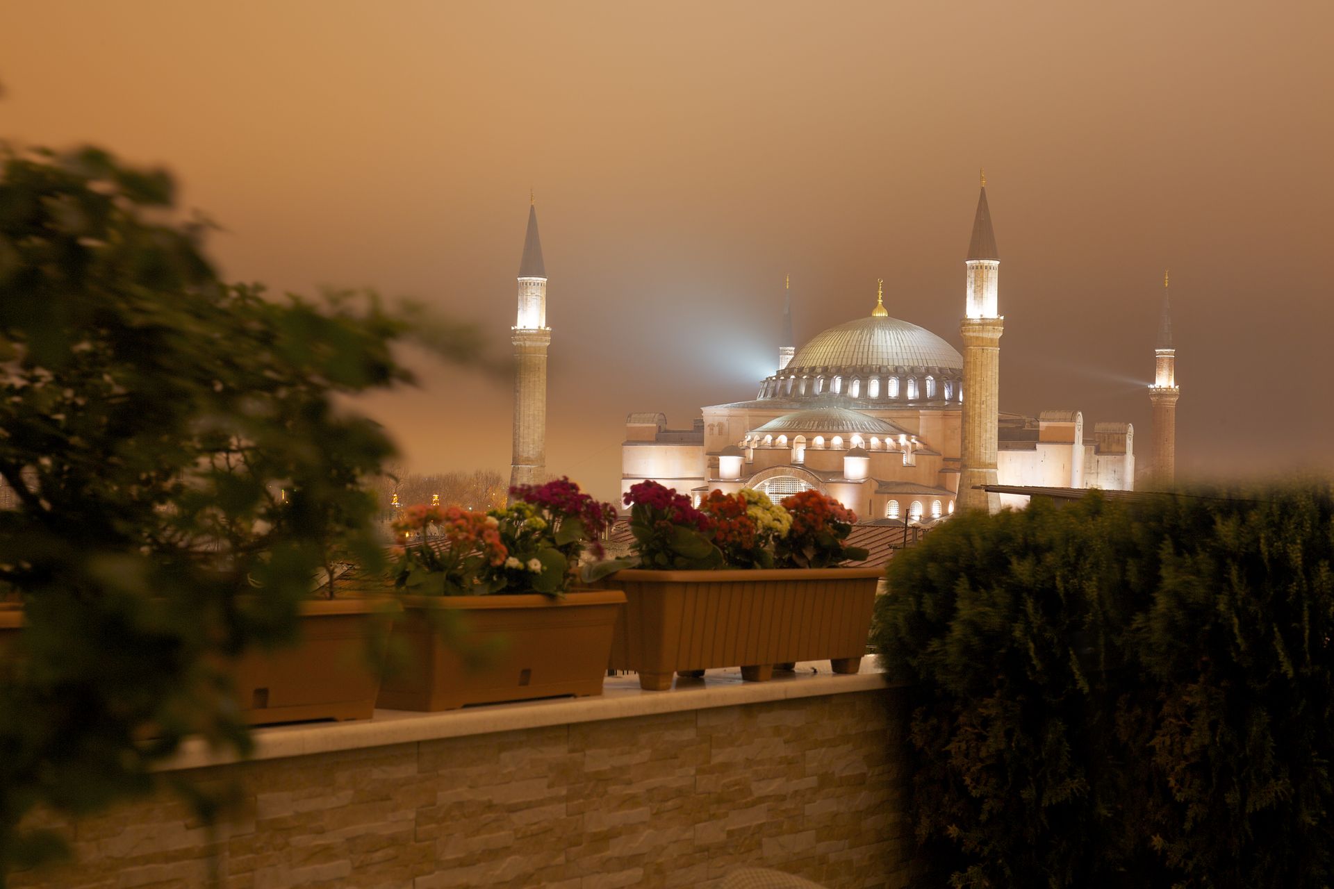Illuminated mosque with minarets at night, seen beyond a garden and low wall