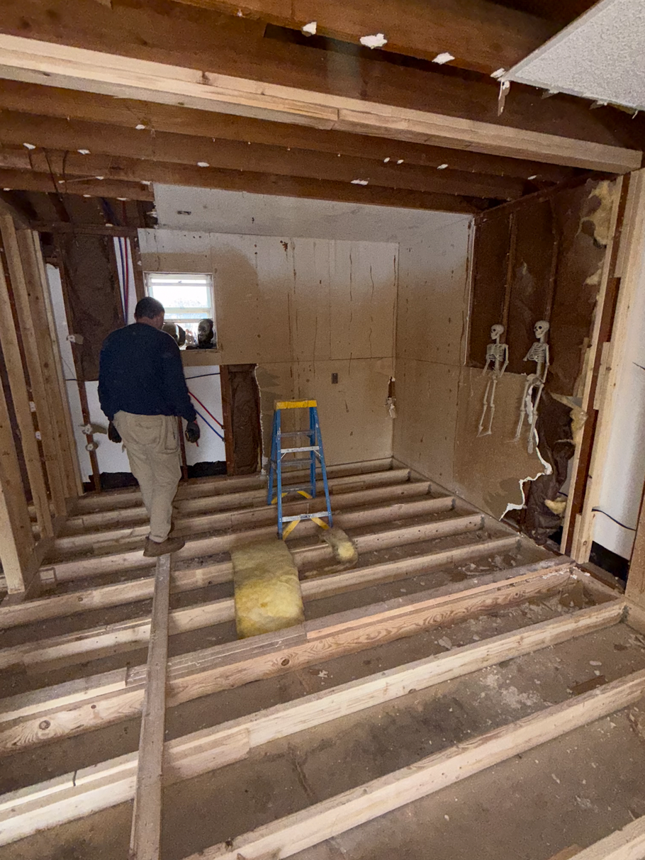 Renovation site with exposed floor joists, a worker, and a blue ladder inside a room