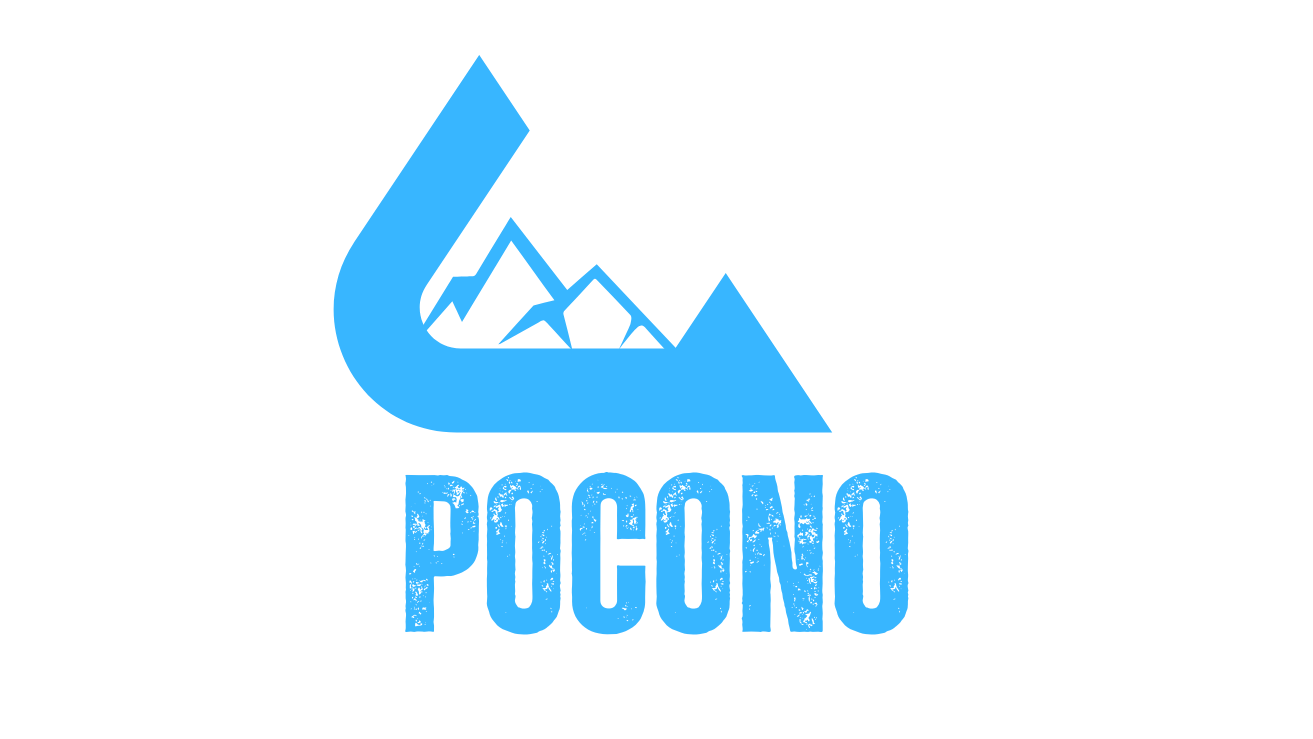 A blue logo for pocono with mountains in the background