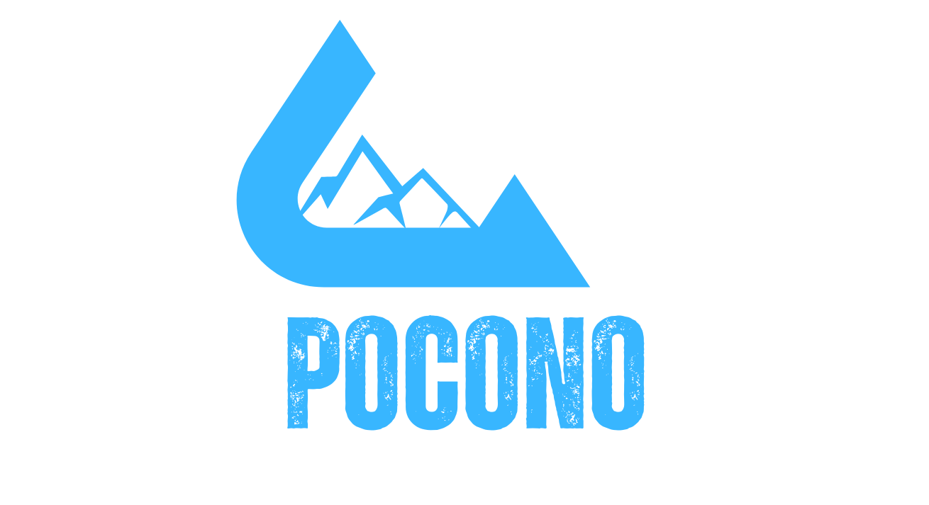 A blue logo for pocono with mountains in the background