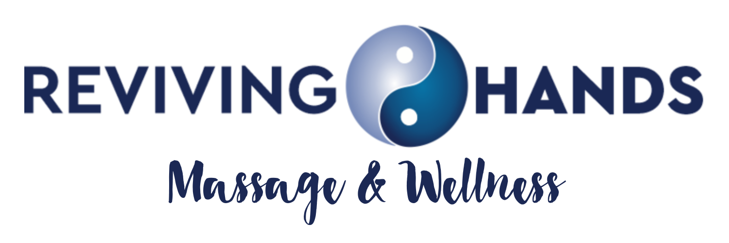 Logo for "Reviving Hands" massage and wellness: text above a yin-yang symbol and text.