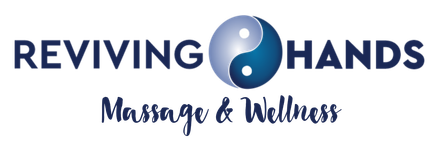 Logo for "Reviving Hands" massage and wellness: text above a yin-yang symbol and text.