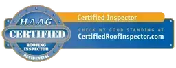 Haag Certified Roofing Inspector badge, blue and orange, says Certified Inspector, check good standing at CertifiedRoofInspector.com