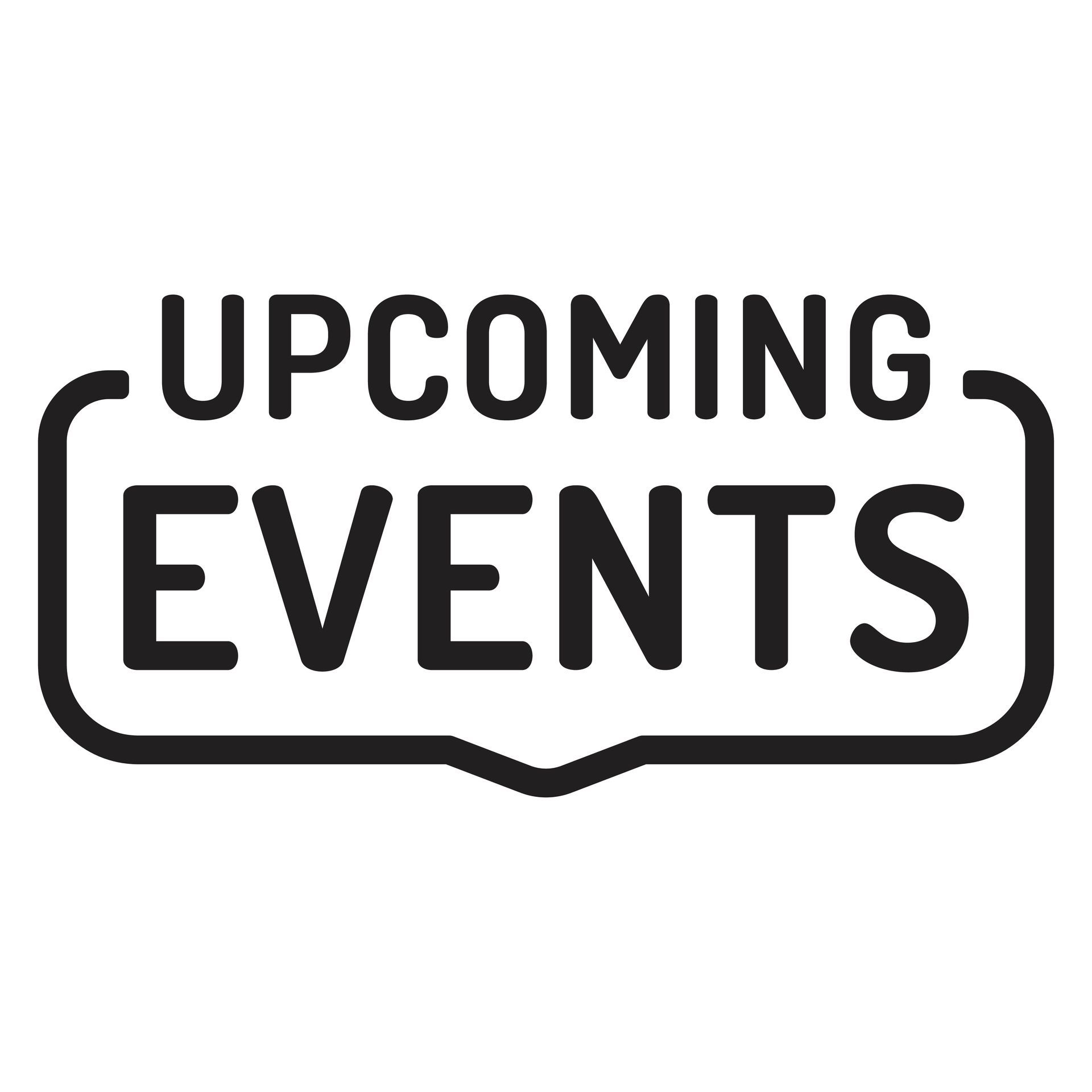A black and white logo for upcoming events.