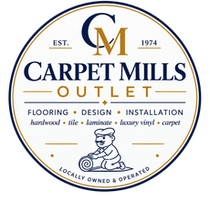 Carpet Mills Outlet logo in navy, gold, and white with flooring, design, installation text.