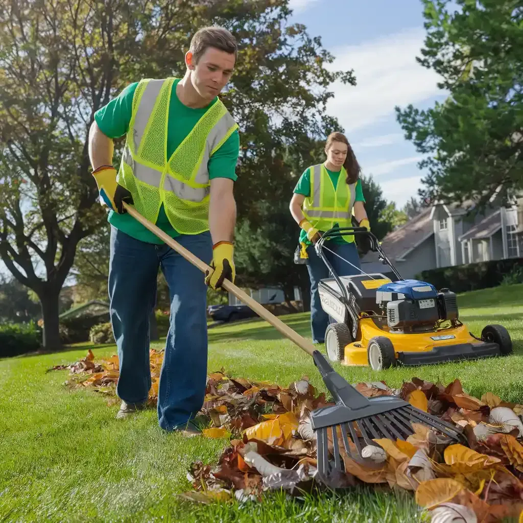 A man is raking leaves in front of a lawn mower