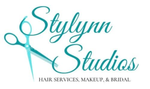Logo for Stylynn Studios, turquoise script with scissors. Text: Hair Services, Makeup, & Bridal.