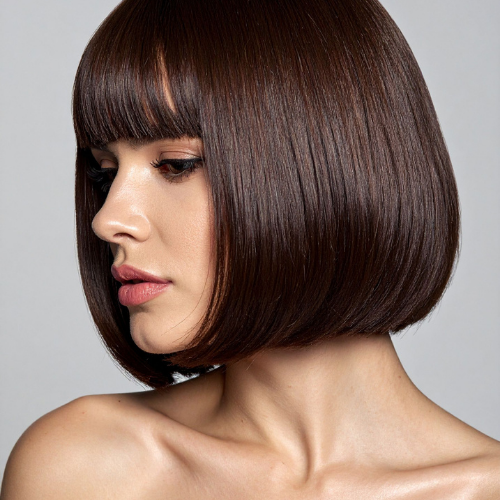 Woman with dark brown bob hairstyle and bangs, gazing to the side.