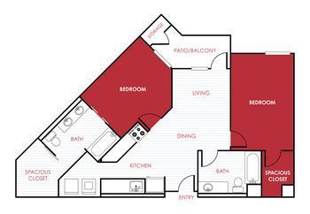 Floor plan of a two-bedroom apartment; red highlights the bedrooms.