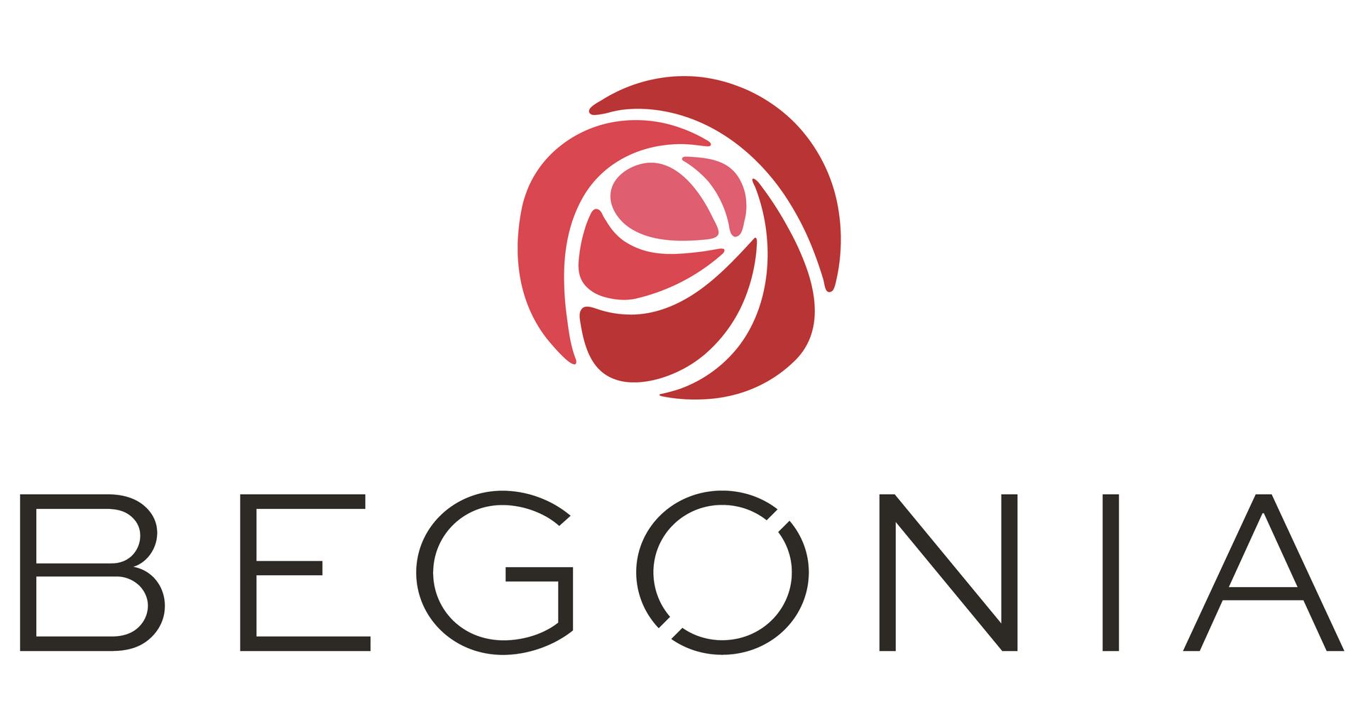 Begonia logo: Red rose graphic above the word "BEGONIA" in black font.