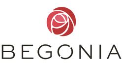 Begonia logo: Red rose graphic above the word "BEGONIA" in black font.