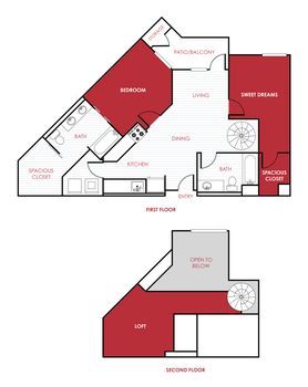 Floor plan of a two-story apartment, with highlighted red areas indicating rooms. Includes bedroom, living area, and loft.