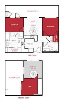 Floor plan of a multi-level apartment, showing bedrooms (red) and living areas.