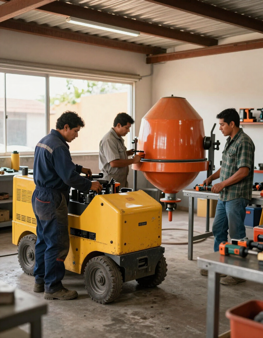 Trabajadores ensamblando una gran máquina naranja en un taller alrededor de un vehículo amarillo.