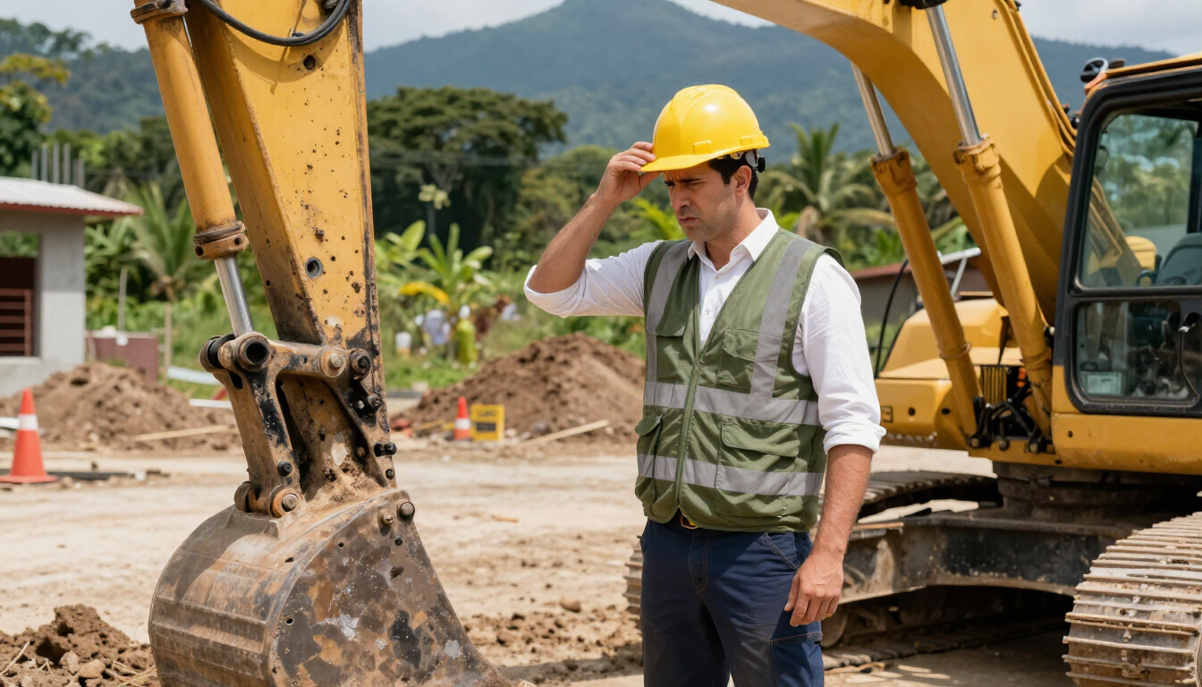 Un obrero de la construcción con casco amarillo se encuentra junto a una excavadora en una obra embarrada.