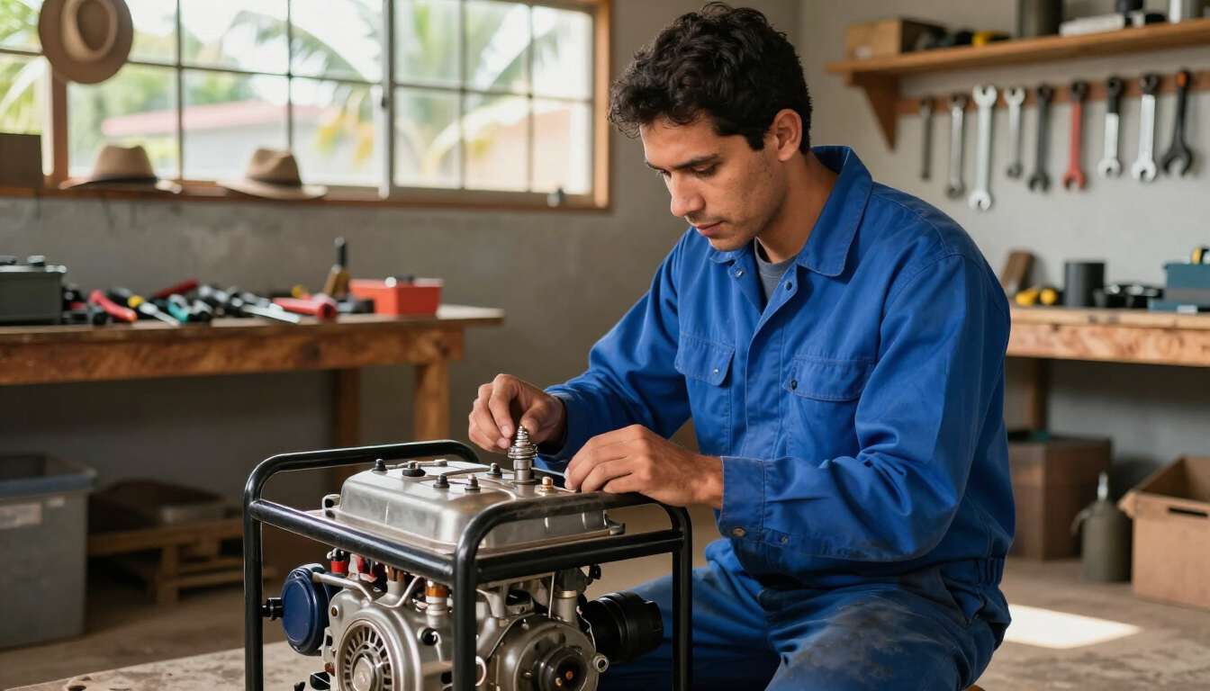 Mecánico con camisa azul trabajando en un motor en un taller mecánico.