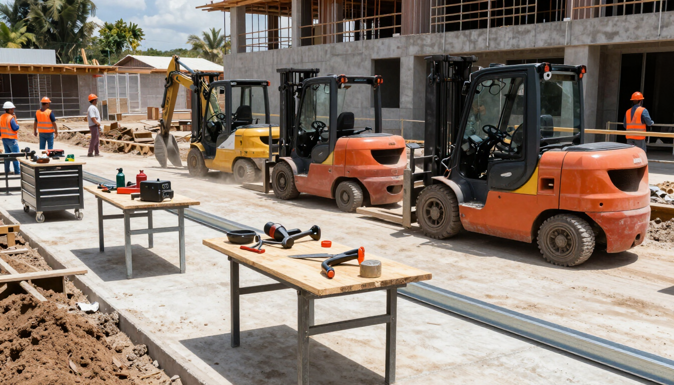 Obra en construcción con carretillas elevadoras naranjas
