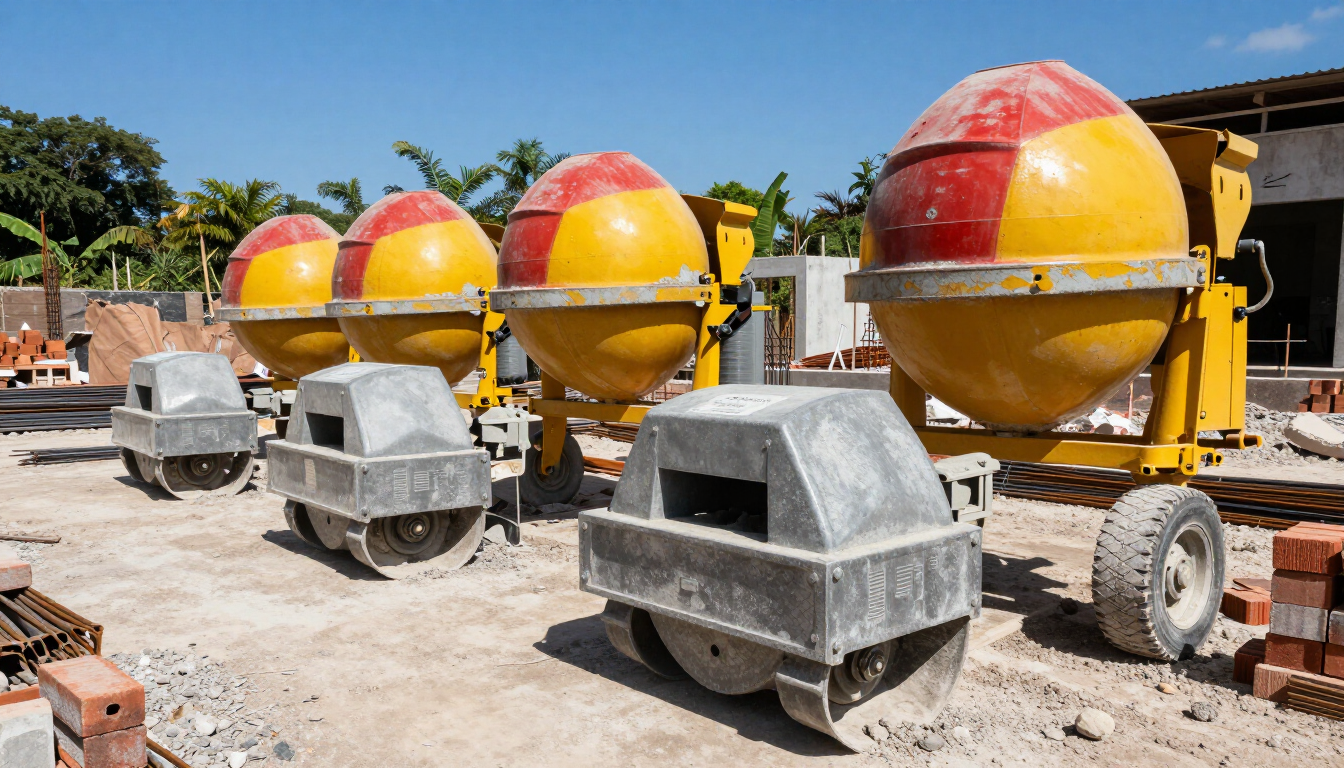 Hormigoneras amarillas y rojas alineadas al aire libre en una obra en construcción.