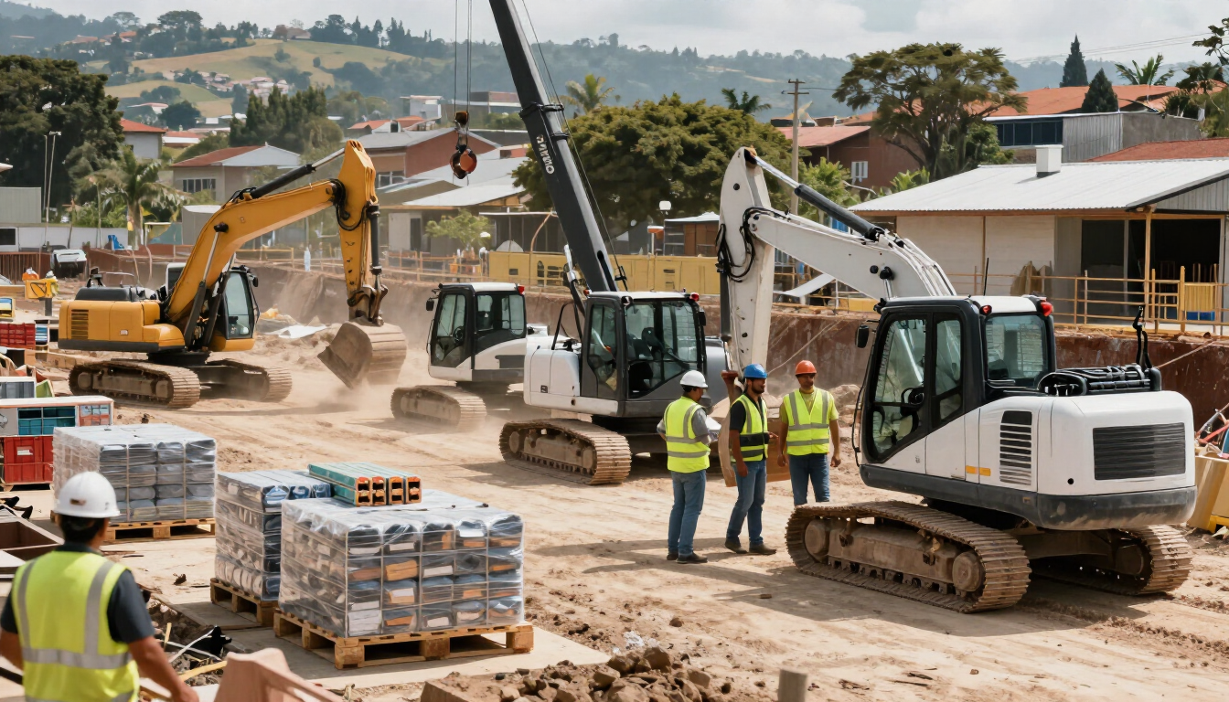 Obra en construcción con excavadoras, trabajadores y materiales en un camino de tierra en un vecindario.