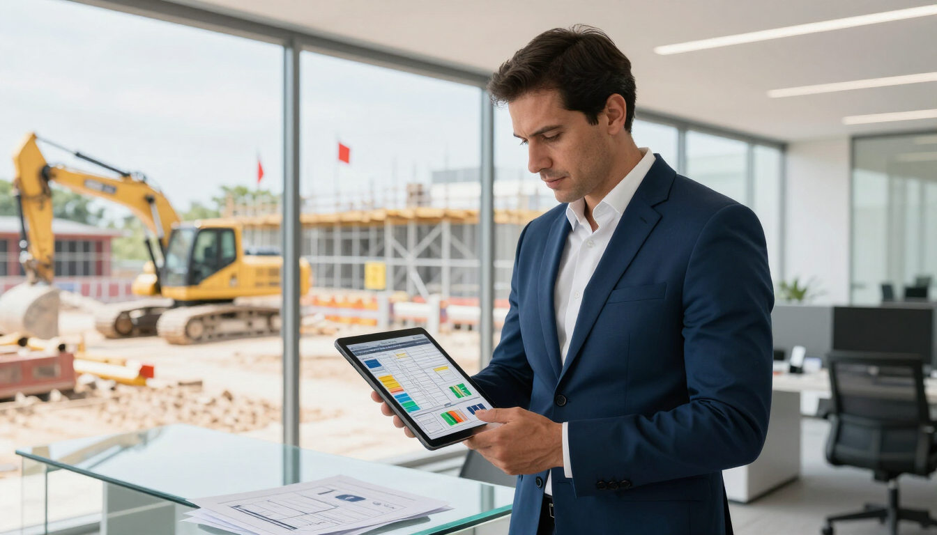 Hombre con traje azul usando una tableta en una oficina con vistas a una obra en construcción.