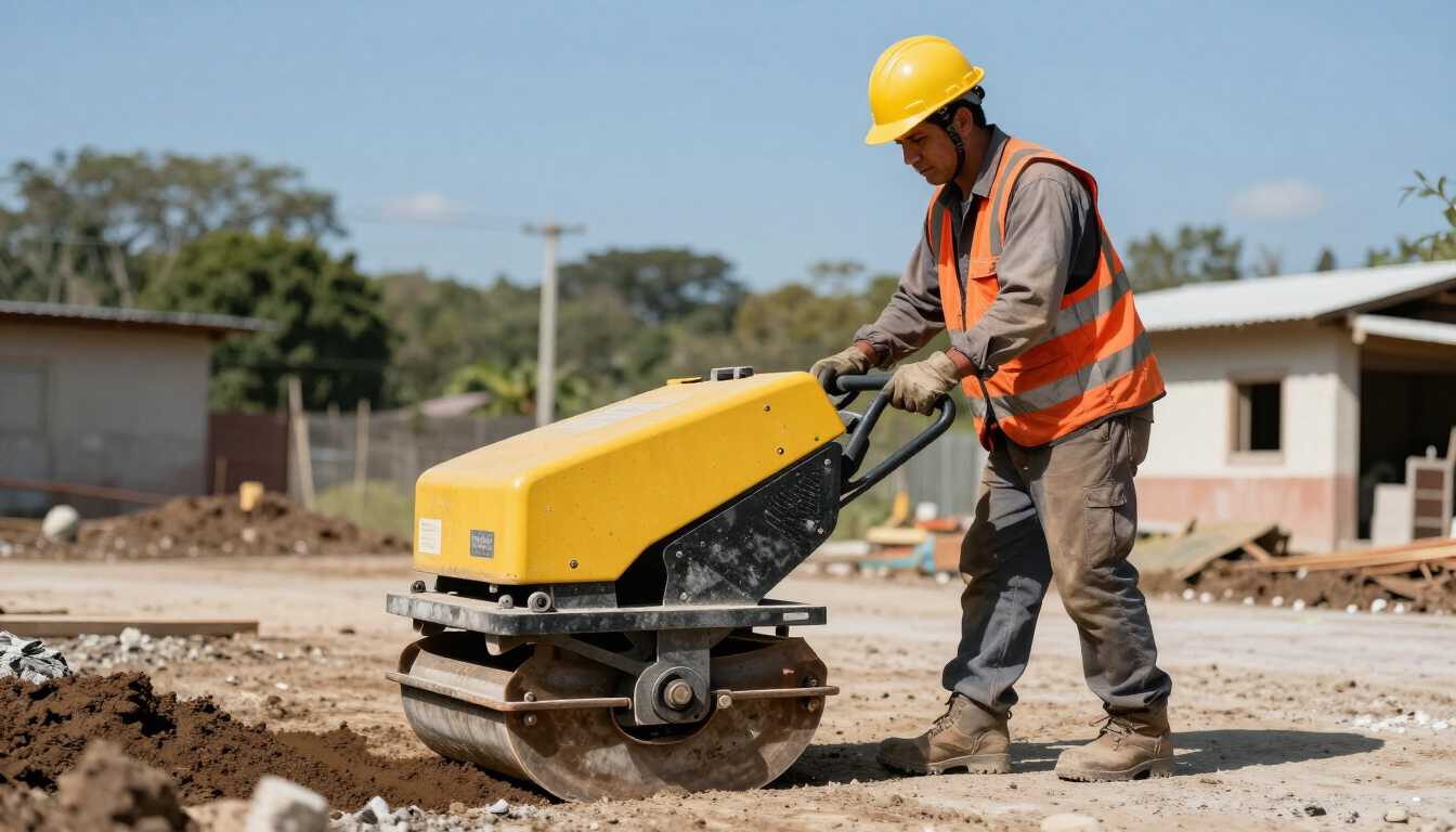 Obrero de la construcción operando una compactadora de placas amarillas en un terreno baldío cerca de casas.
