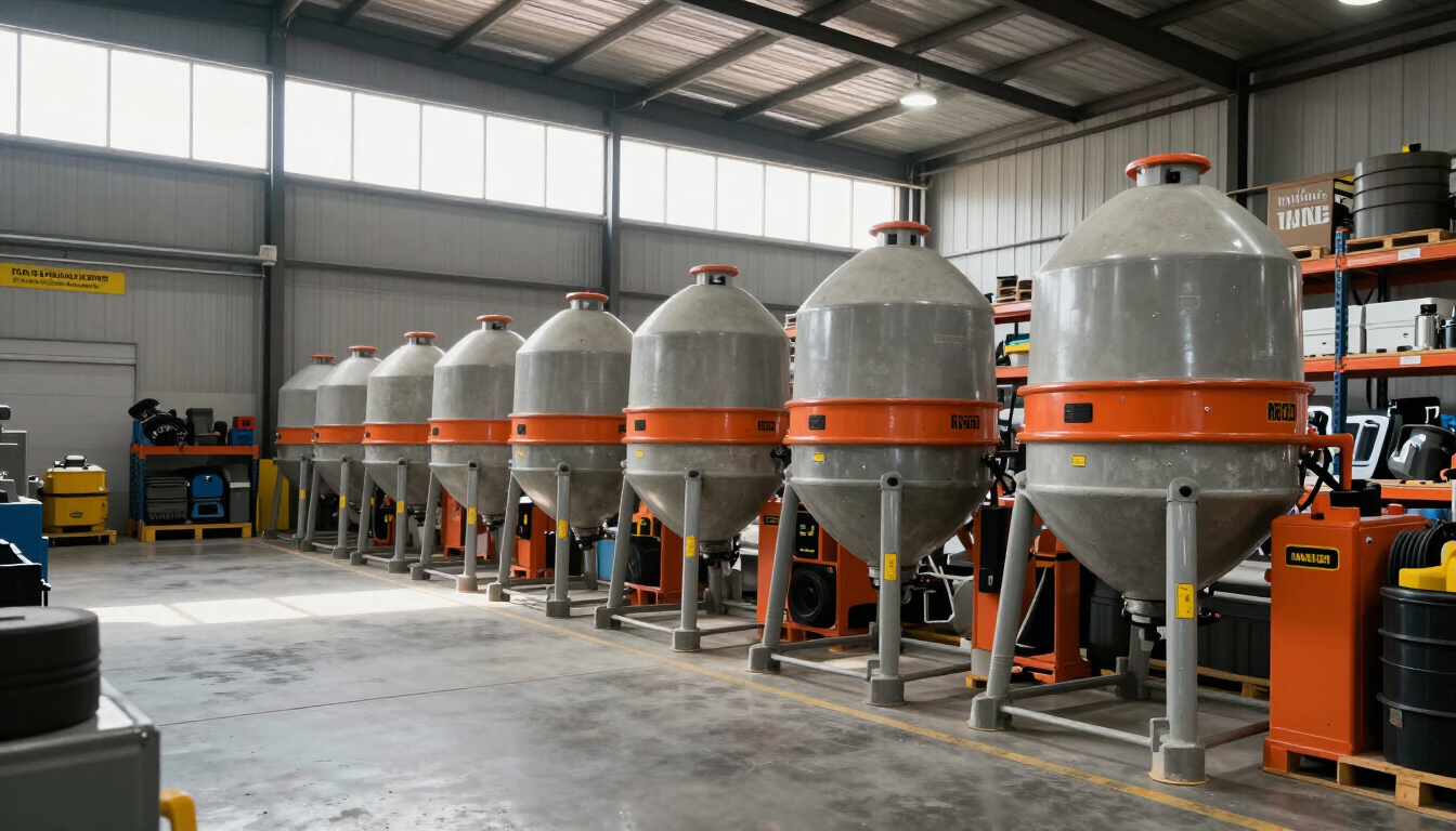 Hilera de grandes tanques industriales plateados con bandas naranjas dentro de un taller de almacén.