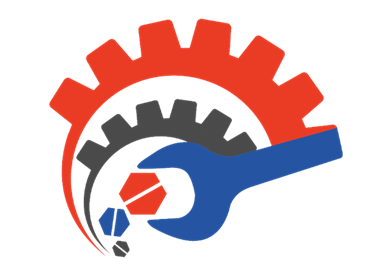 Llave inglesa azul sobre engranajes rojos y negros, formando un logotipo de reparación mecánica.
