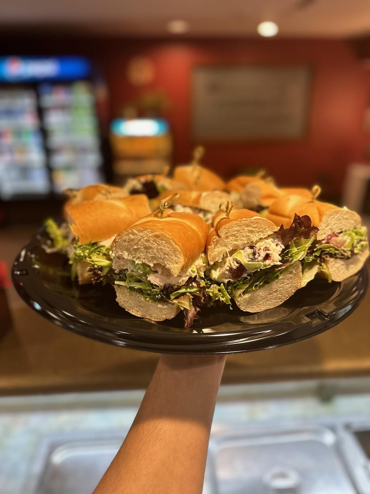 a person is holding a plate of sandwiches in their hand .