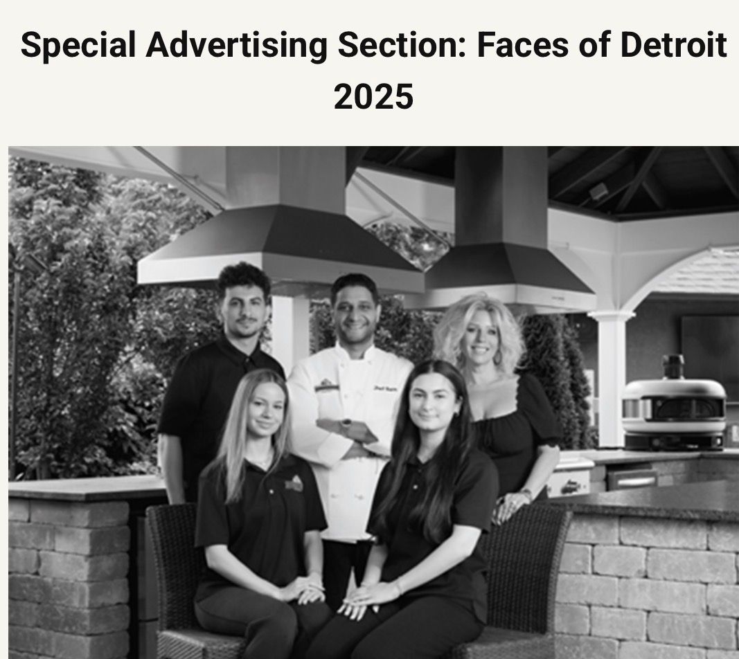 A black-and-white promotional photo of five staff members in a professional outdoor kitchen for a Faces of Detroit ad.