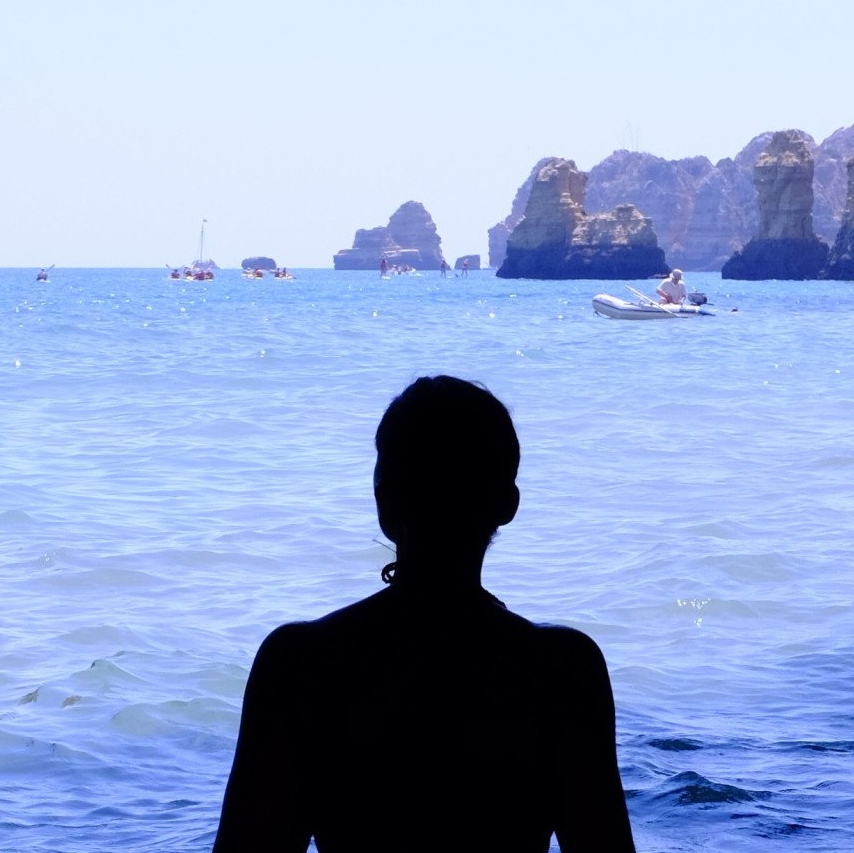 A silhouette of a person looking out over the ocean