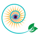 A spiral with a purple eye and a green leaf in the middle.