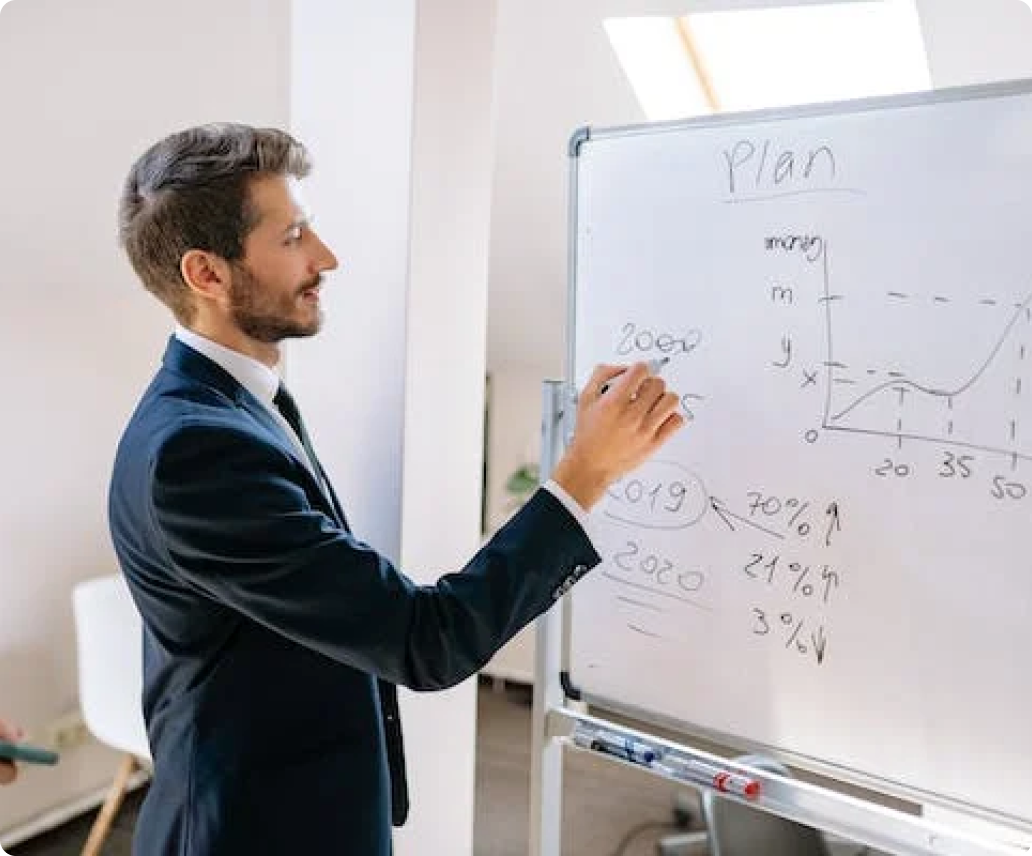 A man in a suit is writing on a whiteboard.