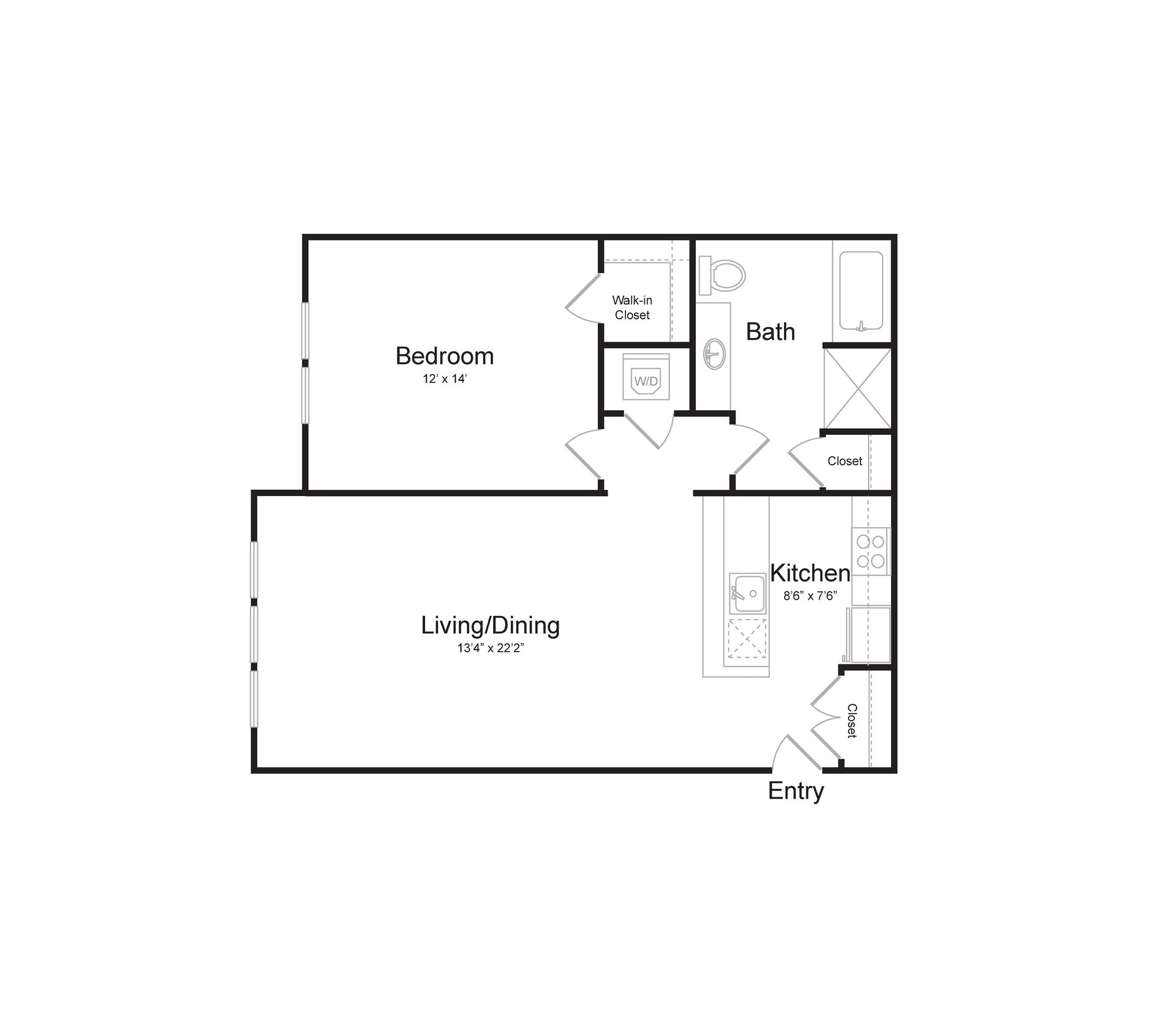 a black and white floor plan of a single bedroom apartment .