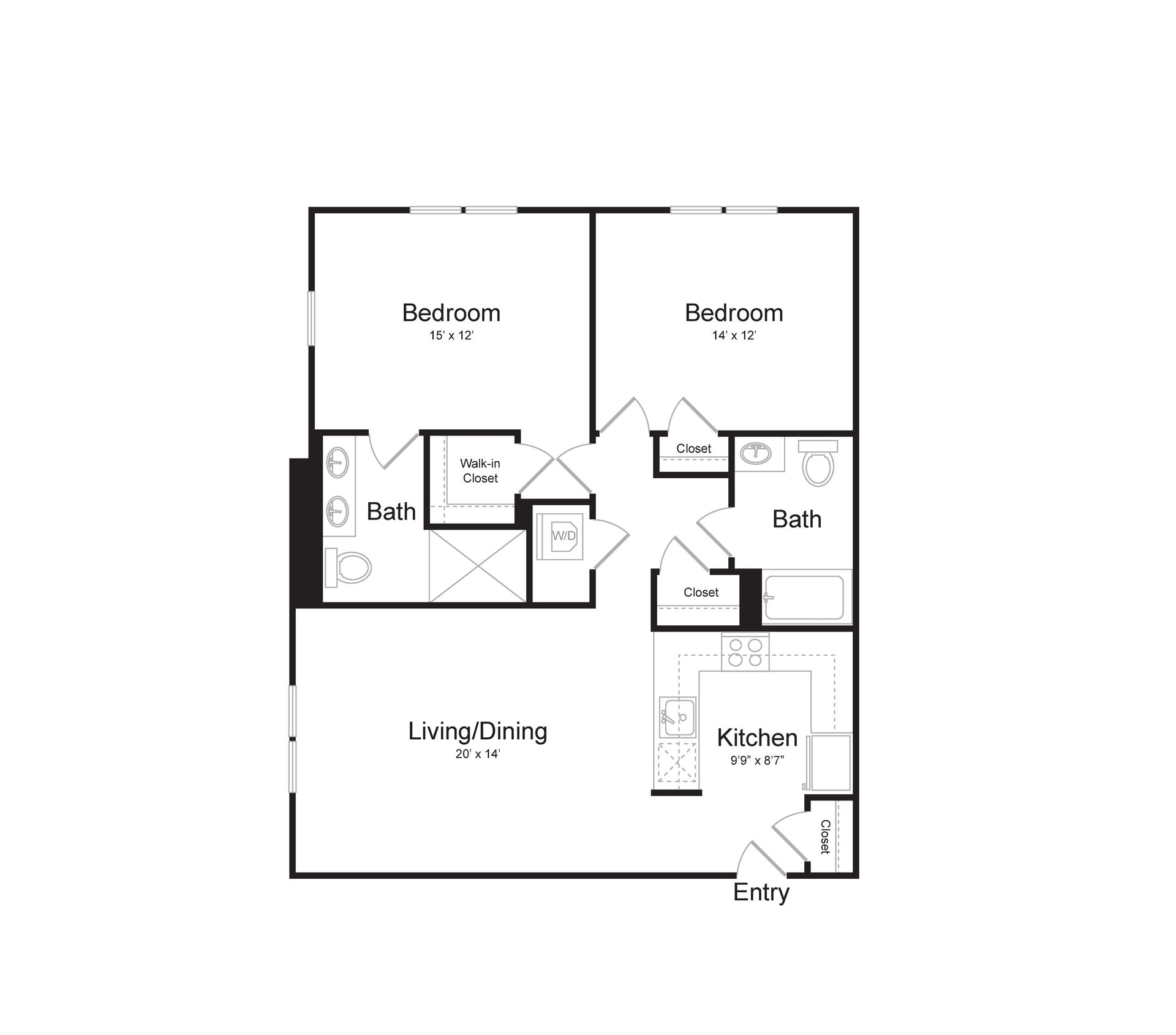 a floor plan of a house with two bedrooms and a kitchen .