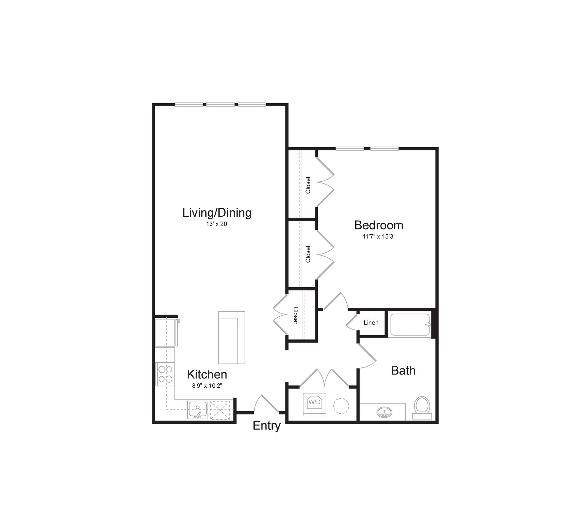 a black and white floor plan of a single bedroom apartment .