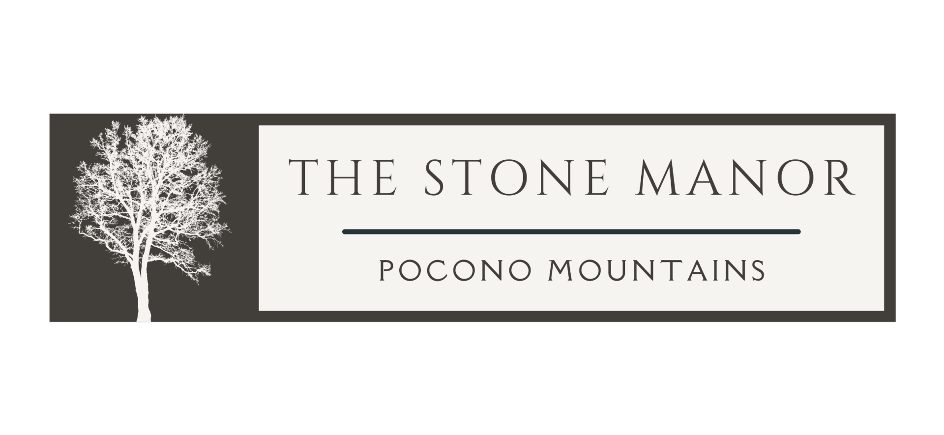 A logo for the stone manor in pocono mountains with a tree on it.