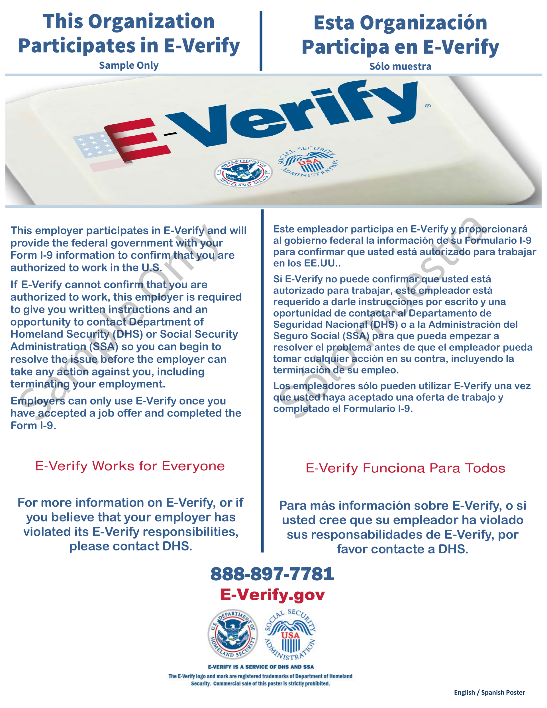 E-Verify participation announcement. Includes logos, contact info, and text in English and Spanish.
