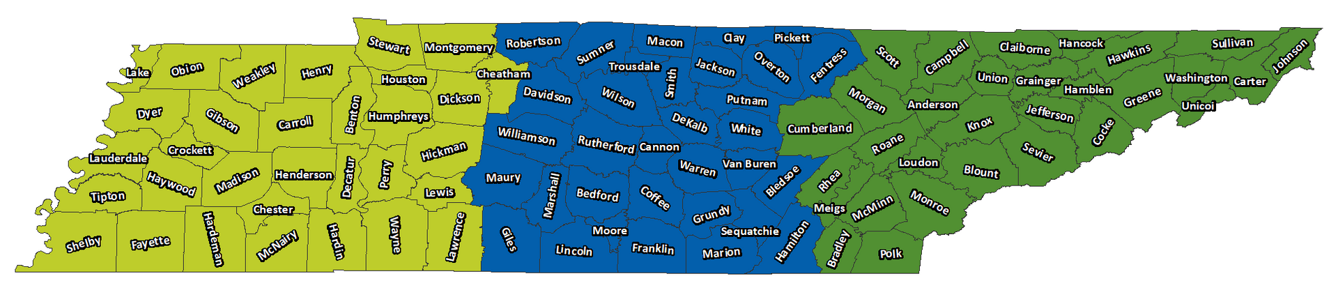 Map of Tennessee divided into three color-coded regions: yellow, blue, and green.