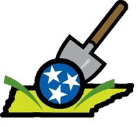 Tennessee shaped image with shovel, state flag and grass.